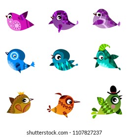set of vector birds, funny bird on white