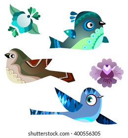 set of vector birds, funny bird on transparent background