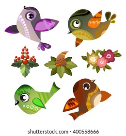 set of vector birds, funny bird on transparent background