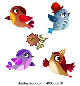 set of vector birds, funny bird on transparent background