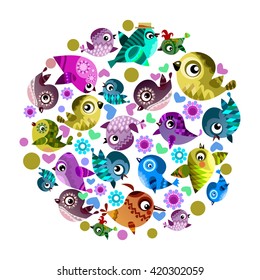 set of vector birds, funny bird on white