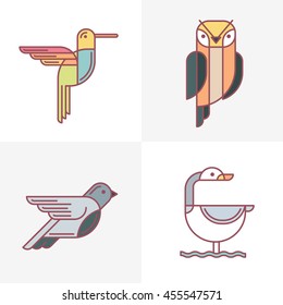 Set of vector birds logo icons. Colorful line birds illustration of hummingbird, owl, pigeon and swan. Isolated design elements on white background.