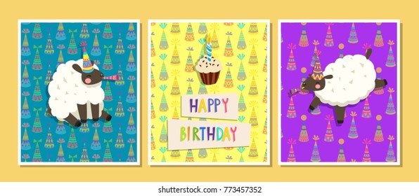 A set of vector birthday card with cute sheeps and cup cake.