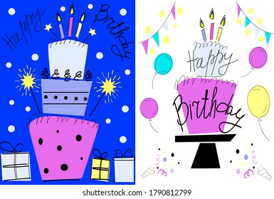Set of vector birthday cards. Abstract illustrations with a birthday cake, decorations and gifts.