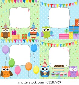 Set of vector birthday cards with cute owls.