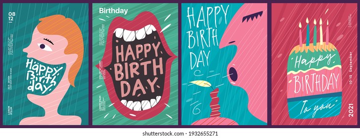 Set of vector birthday cards. Funny postcards, mouth and the inscription - Happy Birthday. A man blows out a candle. Cake with candles.