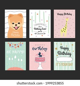 Set of vector birthday cards. Polygraphy, print, postcard, congratulation, gift, letter, cake, candles, giraffe, birthday cap, birthday, holiday.