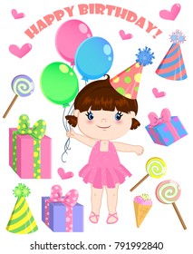 Set of vector birthday cartoon party elements, and a cute girl.