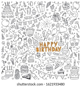 Set of vector birthday elements drawn on a tablet. Party items. EPS 10.