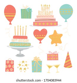 Set of vector birthday images isolated on a white background - cakes with candles, gifts and balloons. Illustration in a flat style.