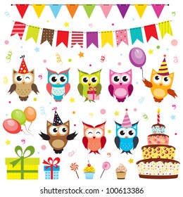 Set Of Vector Birthday Party Elements With Owls
