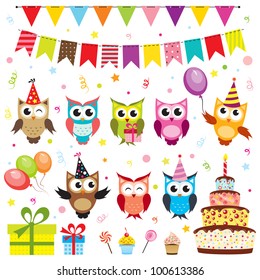 Set of vector birthday party elements with owls