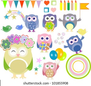 Set of vector birthday party elements with cute owls