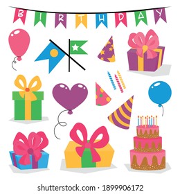 Set of vector birthday party elements on white isolated background. Eps 10.