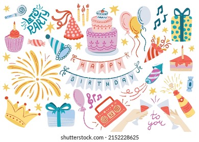 Set of vector birthday party elements. Happy birthday flat doodle collection.