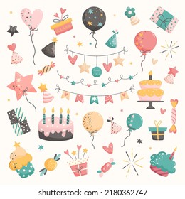 Set of vector birthday party elements on white background. Vector illustration in hand drawn flat style.