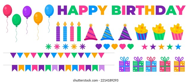 Set of vector birthday party elements. happy birthday vector set design template. happy birthday text, balloon, candle light, birthday cake, gift box vector design set.