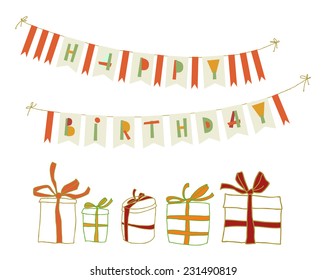 Set of vector birthday party elements. Eps 10. Garland flags with text.