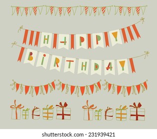 Set of vector birthday party elements. Eps 10. Garland flags with text.