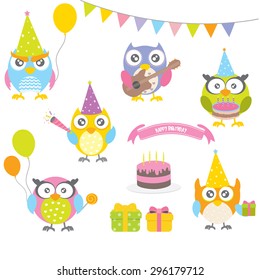 Set of vector birthday party elements with cute owls