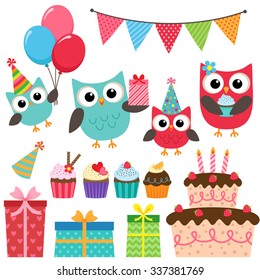 Set of vector birthday party elements with family of cute owls