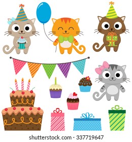 Set of vector birthday party elements with cute cats