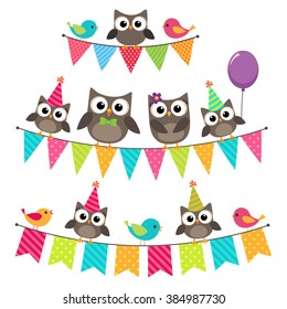 Set of vector birthday party elements with family of cute owls sitting on bunting