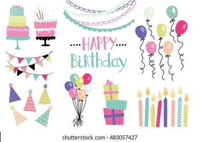 Set of vector birthday party elements.