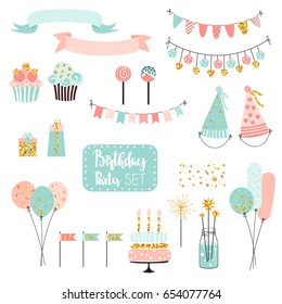 Set of vector birthday party elements. Colorful balloons, flags, confetti, cupcakes, gifts, garlands and ribbons.