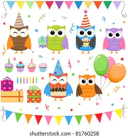 Set of vector birthday party elements with cute owls