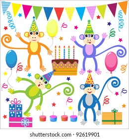 Set of vector birthday party elements with funny monkeys