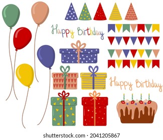 Set of vector birthday party elements.Gifts, garlands, caps, balloons and cake.