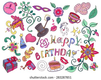 Set of vector birthday party. Set of festive doodle icons. 