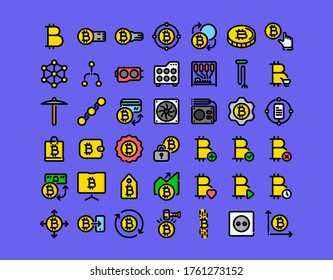 The set of vector bitcoin and cryptomining icons in the colored line style