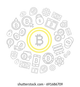 Set of vector bitcoin line icons, money, cash, wallet, hand with coin, lock, phone and more. Editable Stroke.