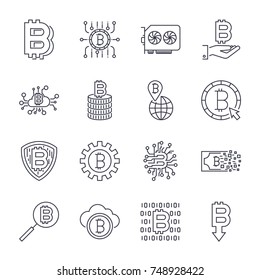 Set of vector bitcoin line icons. Investments, payments, internet banking, wallet, mining, coin, money, video card, exchange, bundle of money, hand with a coin and more. Editable Stroke.