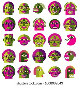 Set of vector bizarre creatures, modern art colorful drawings of imaginative beings. Fantastic odd characters can be used as user avatar icon or in graphic design.