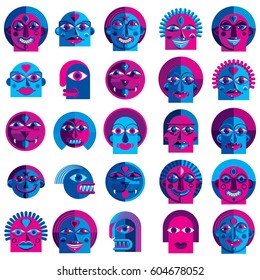 Set of vector bizarre creatures, modern art colorful drawings of imaginative beings. Fantastic odd characters can be used as user avatar icon or in graphic design.