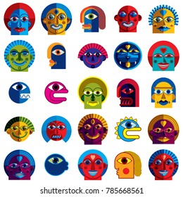 Set of vector bizarre creatures, modern art colorful drawings of imaginative beings. Fantastic odd characters can be used as user avatar icon or in graphic design.