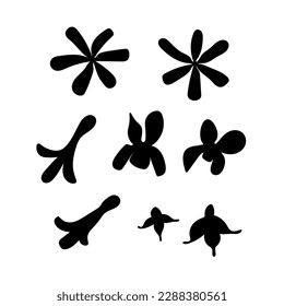 Set of vector black abstract flowers of different shapes on a white background. Spring, summer, holiday, rest, nature. Minimalism, hand drawing, abstraction, isolated. Eps10

