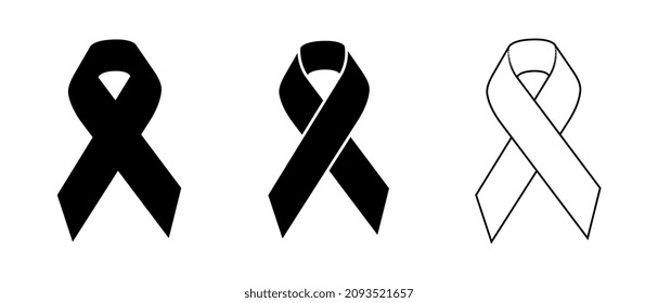 Set of vector black awareness ribbons from 3 different templates. Medical sign for a poster or banner of social action solidarity.