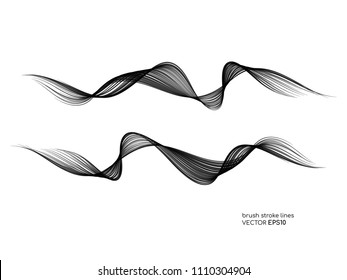 Set of vector black brush stroke curved wave lines isolated on white background for design element