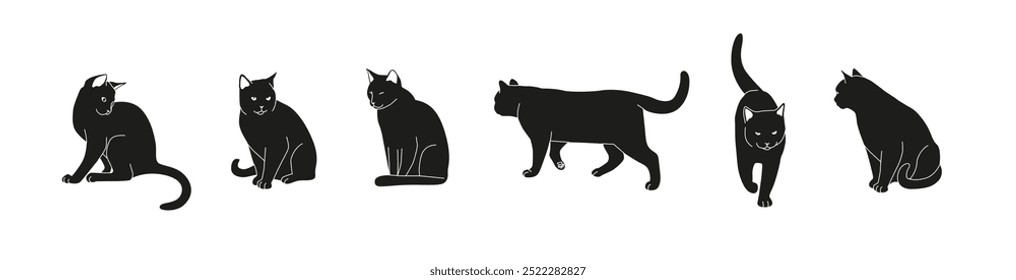 Conjunto de gatos pretos vetores em poses diferentes isolados sobre fundo branco. Ilustração minimalista felina para Halloween. Sentado e andando gato