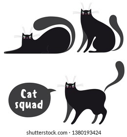 Set of vector black cats images in different poses with characters