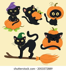 A set of vector black cats with a pumpkin and on a broom for the Halloween holiday.