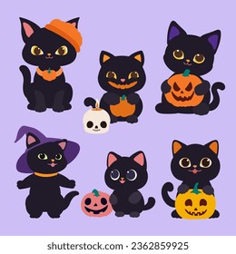 A set of vector black cats with a pumpkin for the Halloween holiday.Set of pumpkin cat. Collection kiiten with pumkin. Funny pets.