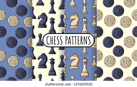 Set of vector black chess pieces seamless patterns. Collection of chess wallpapers. Vector illustration