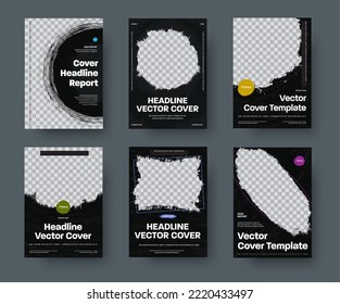 Set of vector black covers with different grunge elements for photo. Design templates for annual reports, flyers, posters and brochures.