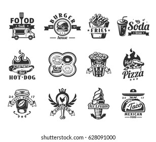 Set of vector black fast food icons, badges with food truck, hamburger, pizza, ice cream, hot dog, roast chicken, french fries, taco, donut, coffee and pop corn