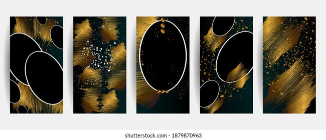 Set of vector black and gold design templates set for Brochures elegant brochure, card, background, cover. Black and golden marble texture. Geometric frame